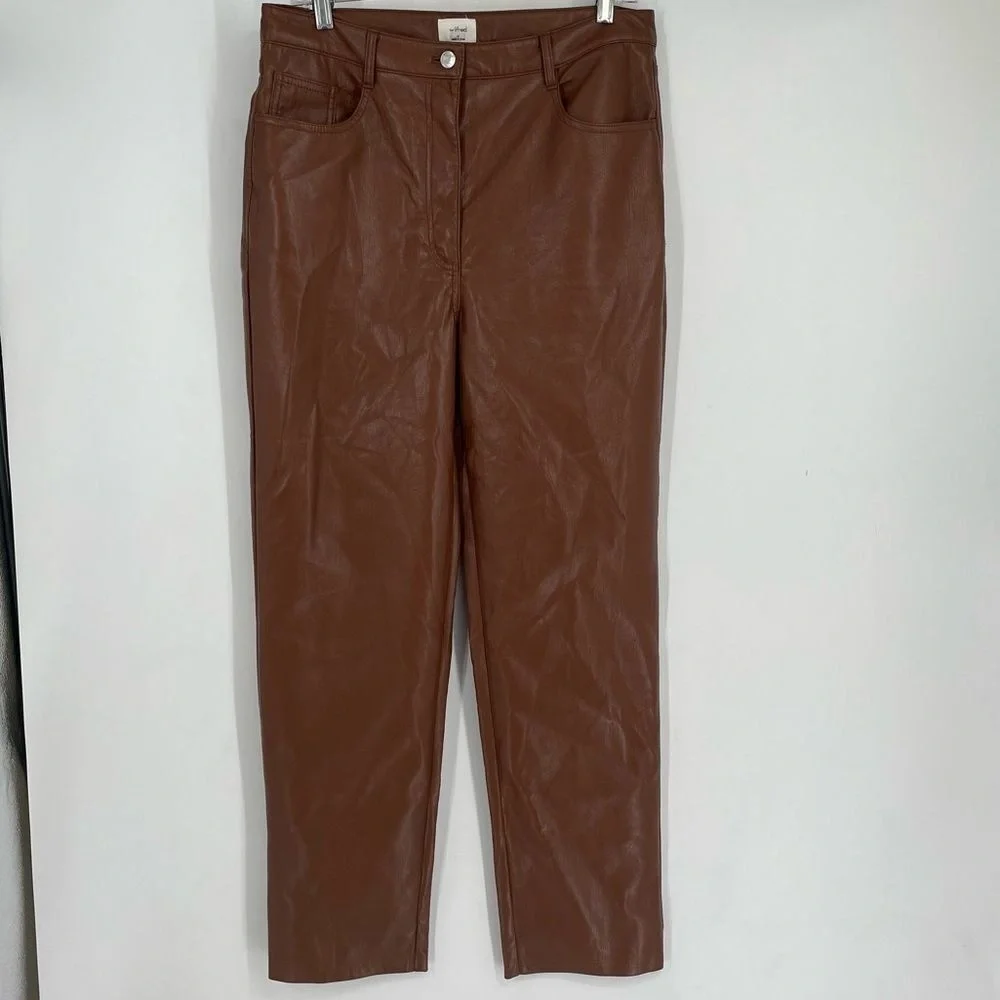 Wilfred Brown Vegan Faux Leather Pants Womens 12 Straight Leg High‎ Waist